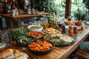 Obraz premium Abundant Italian Feast: Rustic Wooden Table Laden with Pasta, Br