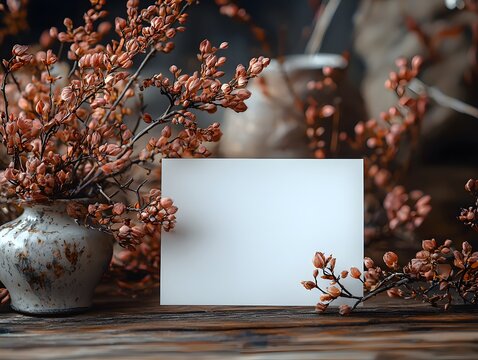 A nature inspired setting with a blank white card for a thoughtful message  long title An intimate and elegant arrangement of vibrant autumn branches