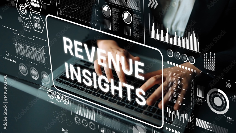 Poster Hands Typing on Keyboard with Digital Revenue Insights and Graphs Illustrating Data Analytics and Financial Growth Concepts. Asymptotic smart data analytic.