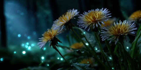 Beautiful dandelions glowing in the twilight forest under soft blue lighting