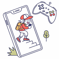 Child playing mobile game climbing stairs cartoon illustration