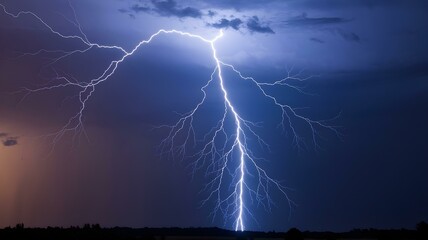 Dramatic Lightning Storm with Electric Blue Bolt Striking Dark Sky, Powerful Natural Phenomenon