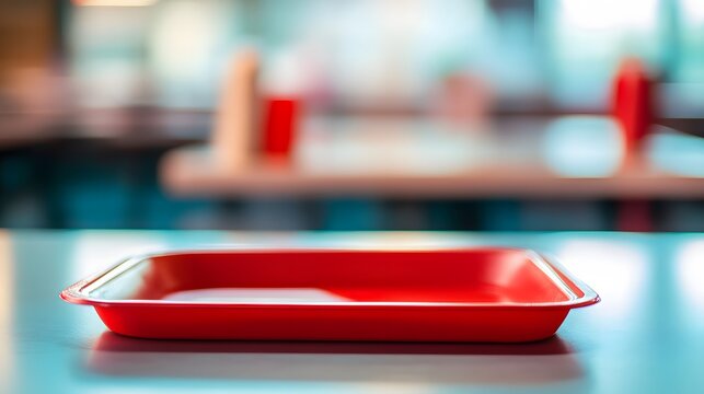 Empty, red plastic tray on a table in a restaurant.