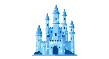 Obraz premium Blue Ice Castle Illustration with Snowflakes on White Background