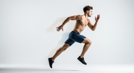 Dynamic fitness concept: athletic man sprinting against neutral background for sports motivation and health promotion