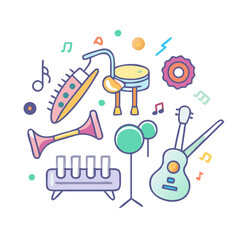 Colorful music instruments illustration isolated on white background