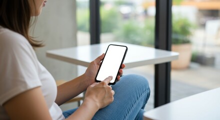 Woman using smartphone in modern cafe setting for leisure or remote work inspiration