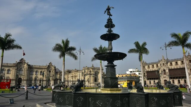 Panoramic view of Lima main square and cathedral church LIMA, PERU historical whater fountain  historical 