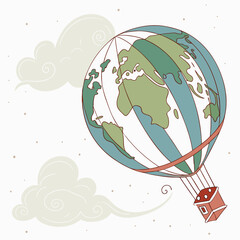 World map hot air balloon house whimsical illustration