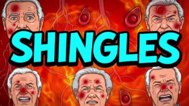 Shingles Animation with Bold Text, Faded Nerve Maps, Blister Outlines, and Elderly Faces in Red-Hot Gradient Background

