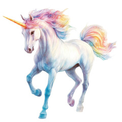 Majestic Unicorn with Colorful Mane in a Dreamlike Setting on transparent background