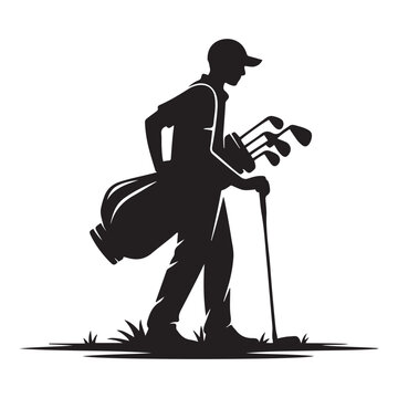 recommend clip art: Golf Caddie Silhouette Carrying Golf Clubs Golfing Occupation Illustration Vector black silhouette. with white background