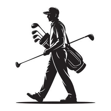recommend clip art: Golf Caddie Silhouette Carrying Golf Clubs Golfing Occupation Illustration Vector black silhouette. with white background