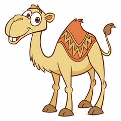 Happy decorated camel cartoon. Vector illustration, side view, isolated on white background.