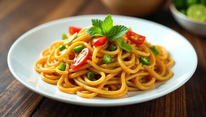 Stir-fried noodles with vegetables on a white plate, sauce, delicious, white