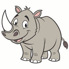 Fototapeta premium Happy cartoon rhinoceros standing. Cute rhino baby. Vector illustration, side view, isolated on white background.