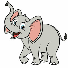 Fototapeta premium Happy cartoon elephant standing. Cute baby elephant. Vector illustration, side view, isolated on white background.