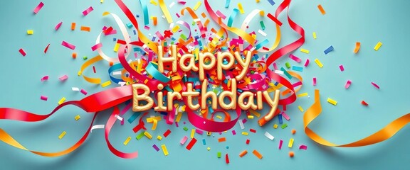 Colorful confetti and ribbons burst on trendy flat background, celebrating a birthday anniversary,  celebration,  vibrant