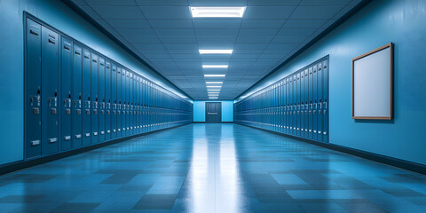 Fototapeta premium A university corridor with a lone empty poster frame hanging from the wall, surrounded by lockers and classrooms, university corridor, school hallways