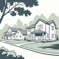 Suburban homes tree lined street residential neighborhood houses