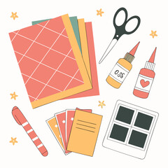 Colorful craft supplies flatlay design elements scrapbooking