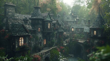 Obraz premium Atmospheric high resolution photo of a mystical stone village nestled within a lush forest.