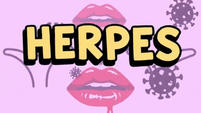 Herpes Animation with Bold Cartoon Text Over Faded Lip Sores, Genital Shapes, and Virus Icons in Pink and Purple Tones

