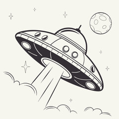 Retro ufo spaceship flying through space with moon and stars