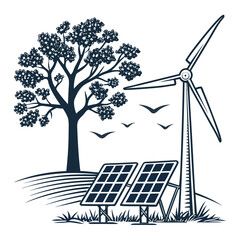 Clean energy sources windmill solar panels tree birds