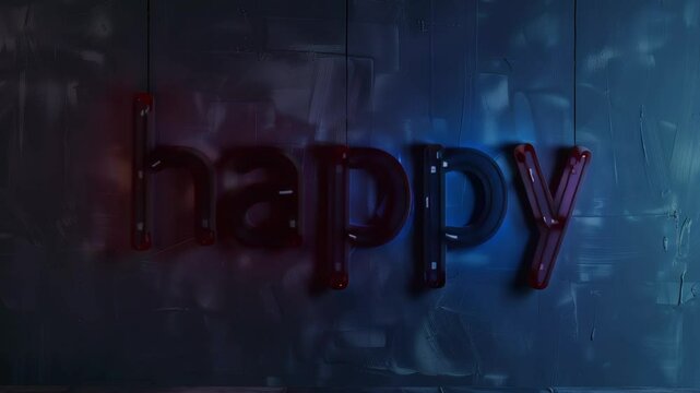 A word "happy" in colorful LED neon flex tube, light signage, black wall background, studio set up, Generative AI Videos.
