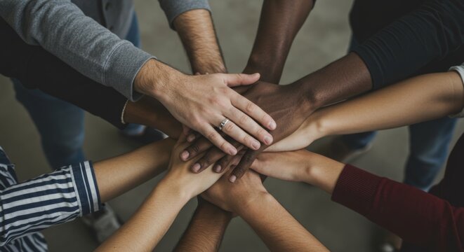 Unity and teamwork concept with diverse hands joined together