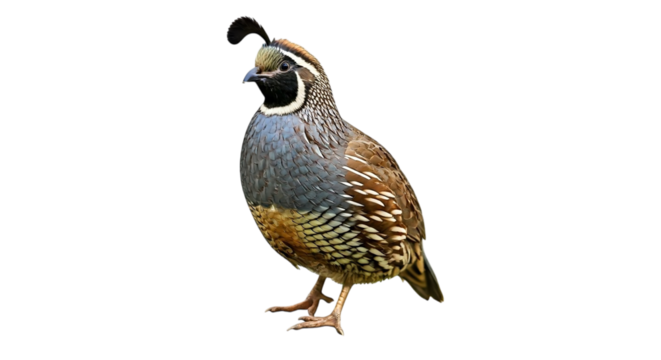 A california quail standing in front of a black background looking to the left of the frame