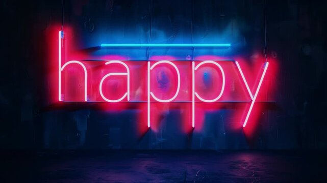 A word "happy" in colorful LED neon flex tube, light signage, black wall background, studio set up, Generative AI Videos.

