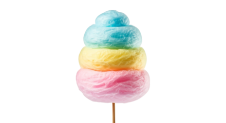A single cotton candy with pink yellow and blue layers on a stick against a black background