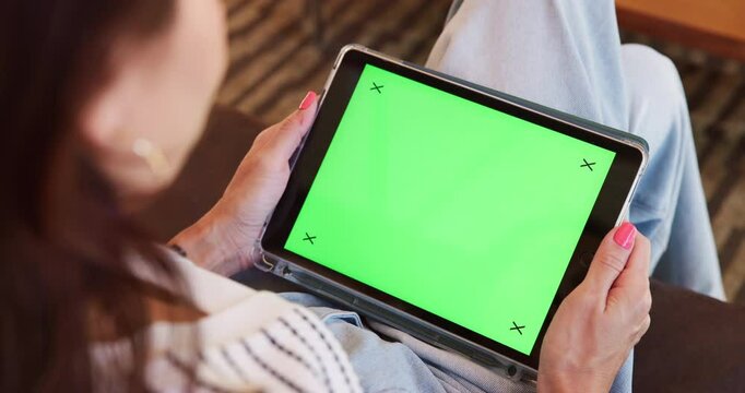 Woman, relax and tablet with green screen at house for streaming online, watching movie or entertainment. Above, person or mockup space with tracking markers, multimedia film or platform subscription