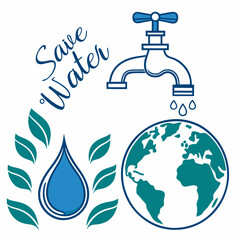 Save water conserve our planet earth water drop faucet leaves