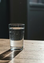 Glass of sparkling water on wooden table in sunlit room