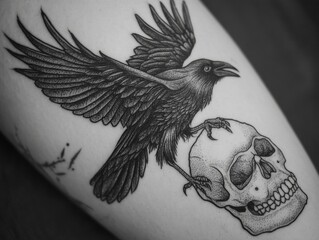 black line art on raven bird on the skull