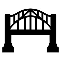 Stylized black silhouette illustration of an arched bridge with complex supports