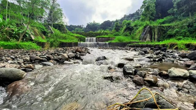 Serene Waterfall Stream: A tranquil stream flows over smooth rocks, cascading into a small waterfall amidst lush green vegetation.