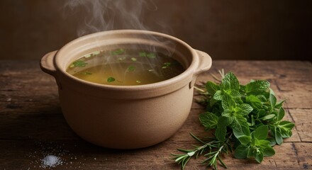 Steaming Bowl of Broth with Fresh Herbs on Rustic Wood Table