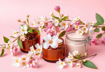 Delicate spring blooms adorn brown glass organic cream jars on a pink background, skincare, cosmetics