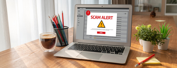 Cyber security software show alert of cyber attack for protection snugly. Danger from virus,...