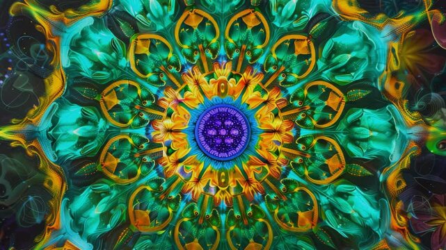 A violet colors simetrical diagram bright fluorescent green colors yantra bright yellow colors mandala, Generative AI Videos.