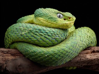 green viper snake hang on log isolated on black