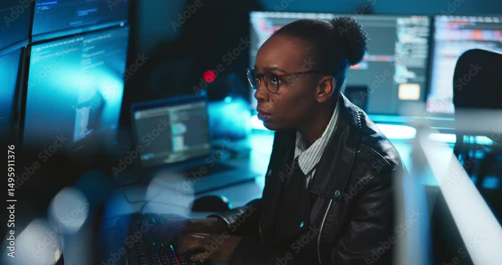 Poster Business, computer and black woman in workplace, cyber security and thinking with software update. African person, programmer or coder with pc, IT technician and hacker with glasses or data analytics
