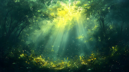 Naklejka premium Sunlight streams through a lush, vibrant forest.