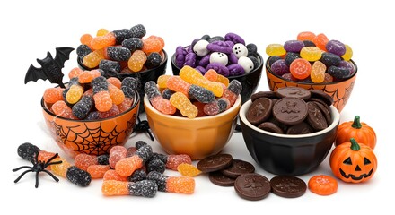 Assorted Halloween treats and candies in bowls with themed decorations on white background