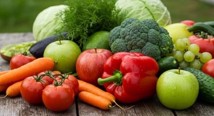 Fresh organic vegetables and fruits display for healthy eating and nutrition promotion