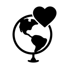 Black silhouette of globe with heart expresses love for the planet